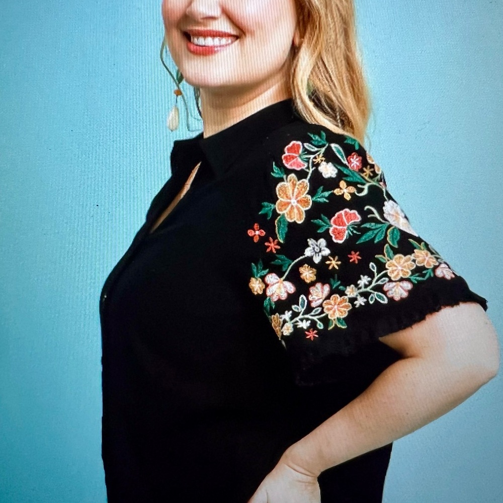 Umgee Black Boxy Embellished Button Down Shirt Plus Size - Picture 2 of 6
